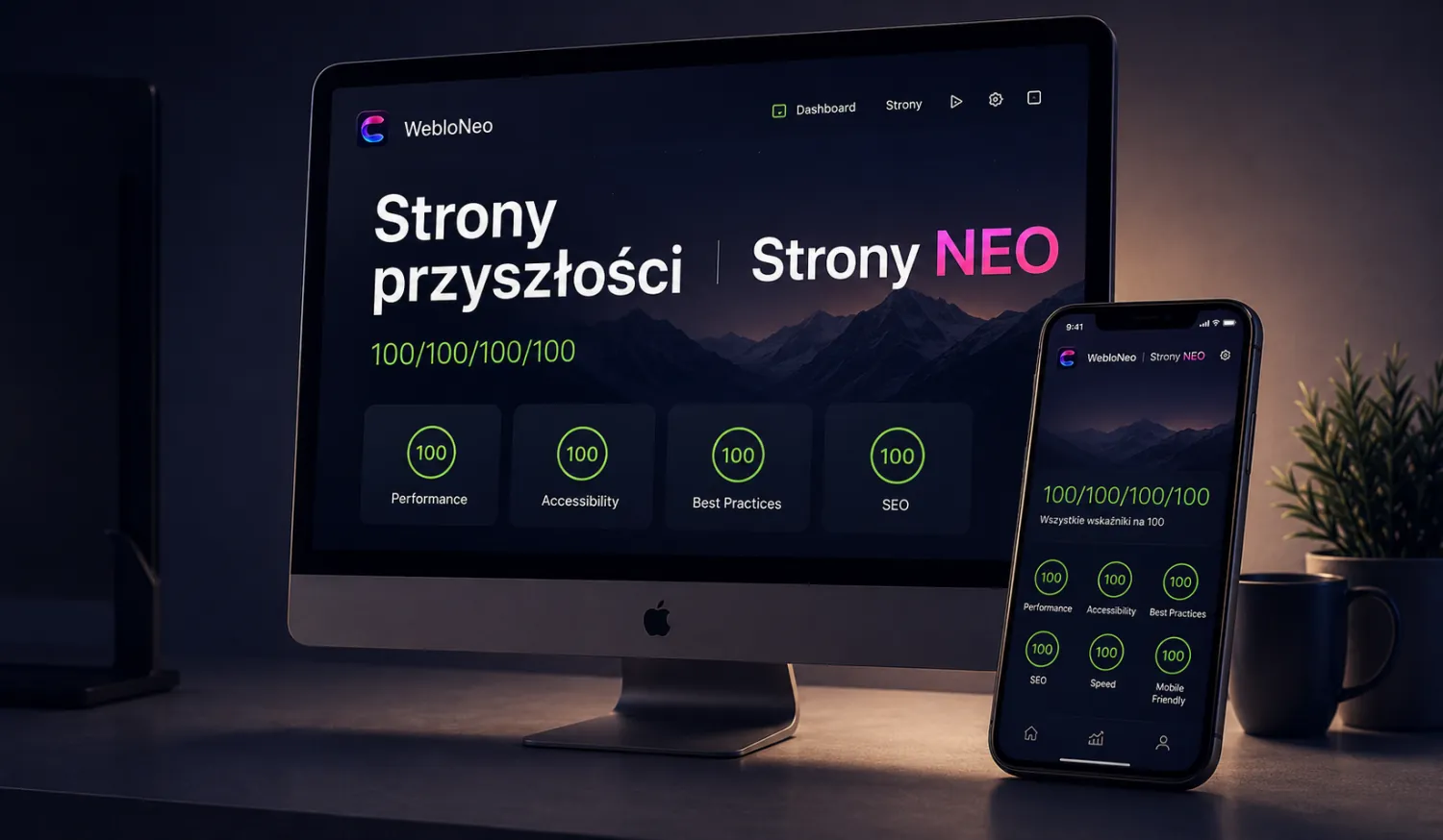 Strona NEO na monitorze i telefonie z wynikami pomiaru Google