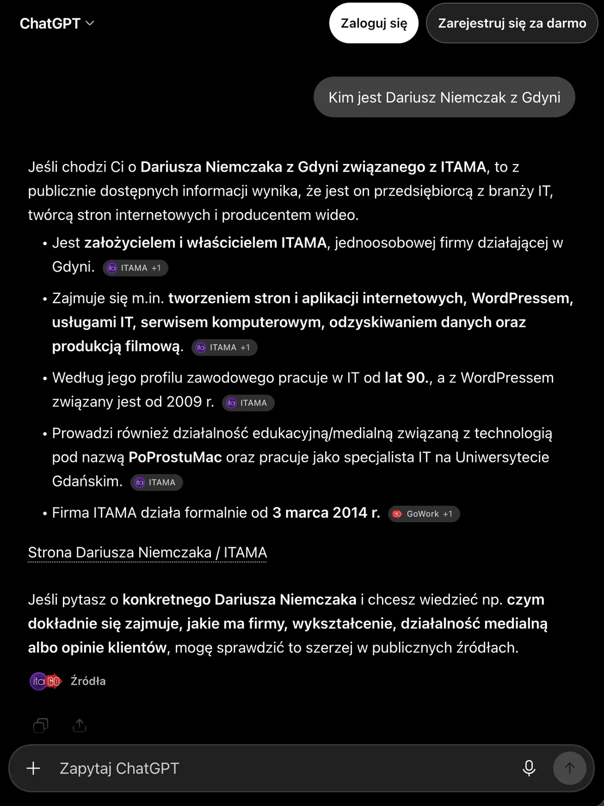 Odpowiedź ChatGPT na pytanie o firmę, złożona z konkretów i opatrzona odnośnikami do strony jako źródła, w oknie bez zalogowania.