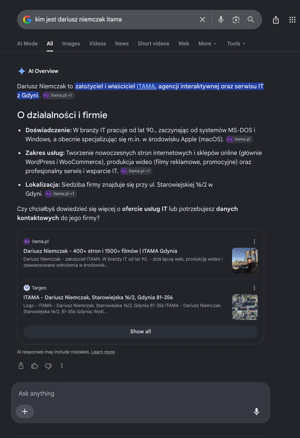 Rozwinięty blok AI Overview w Google: odpowiedź rozbita na doświadczenie, zakres usług i lokalizację, każda pozycja z odnośnikiem do strony źródłowej.
