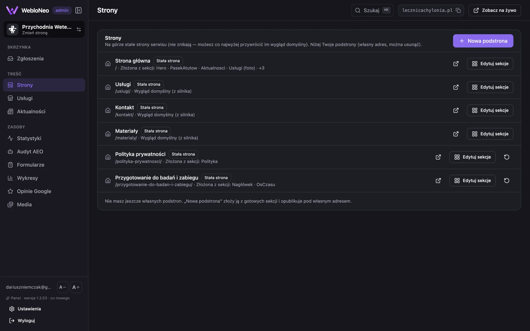 Lista podstron serwisu w panelu WebloNeo.