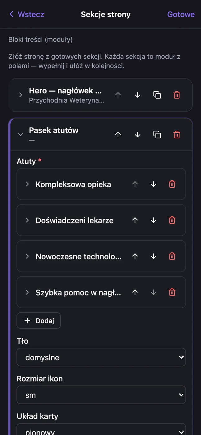 Edycja sekcji w panelu WebloNeo na ekranie telefonu.