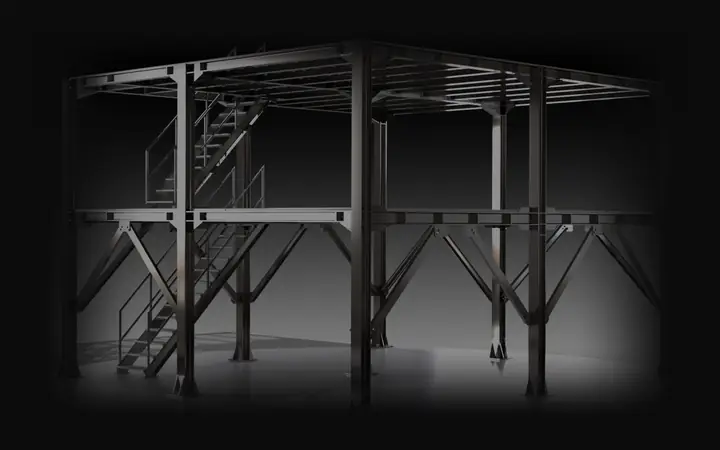 Stalowa konstrukcja magazynowa ze schodami - wizualizacja 3D