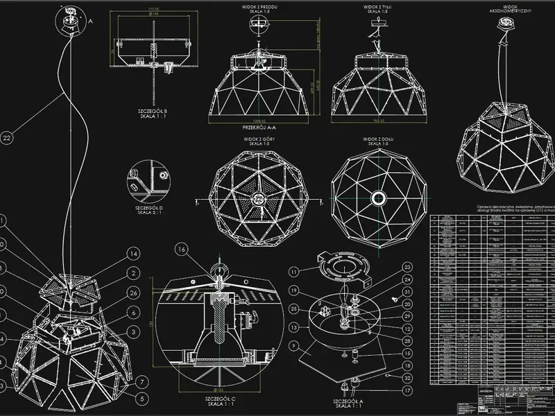 Rysunek złożeniowy lampy UFO, fragment dokumentacji 2D