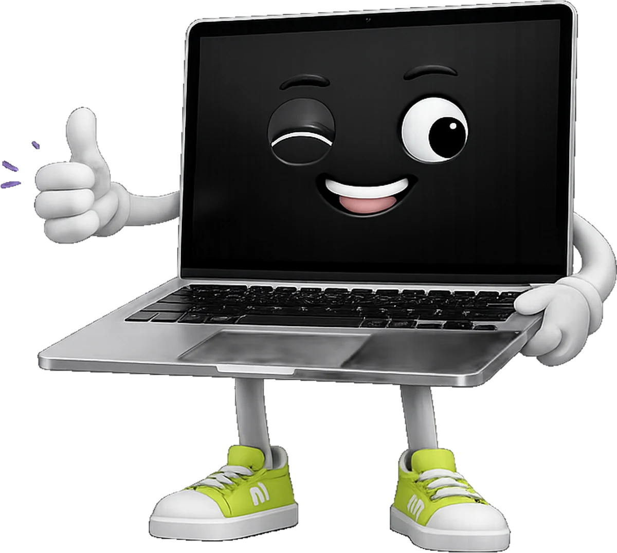 Muli mi Komp — laptop-maskotka z uśmiechem pokazuje kciuk w górę