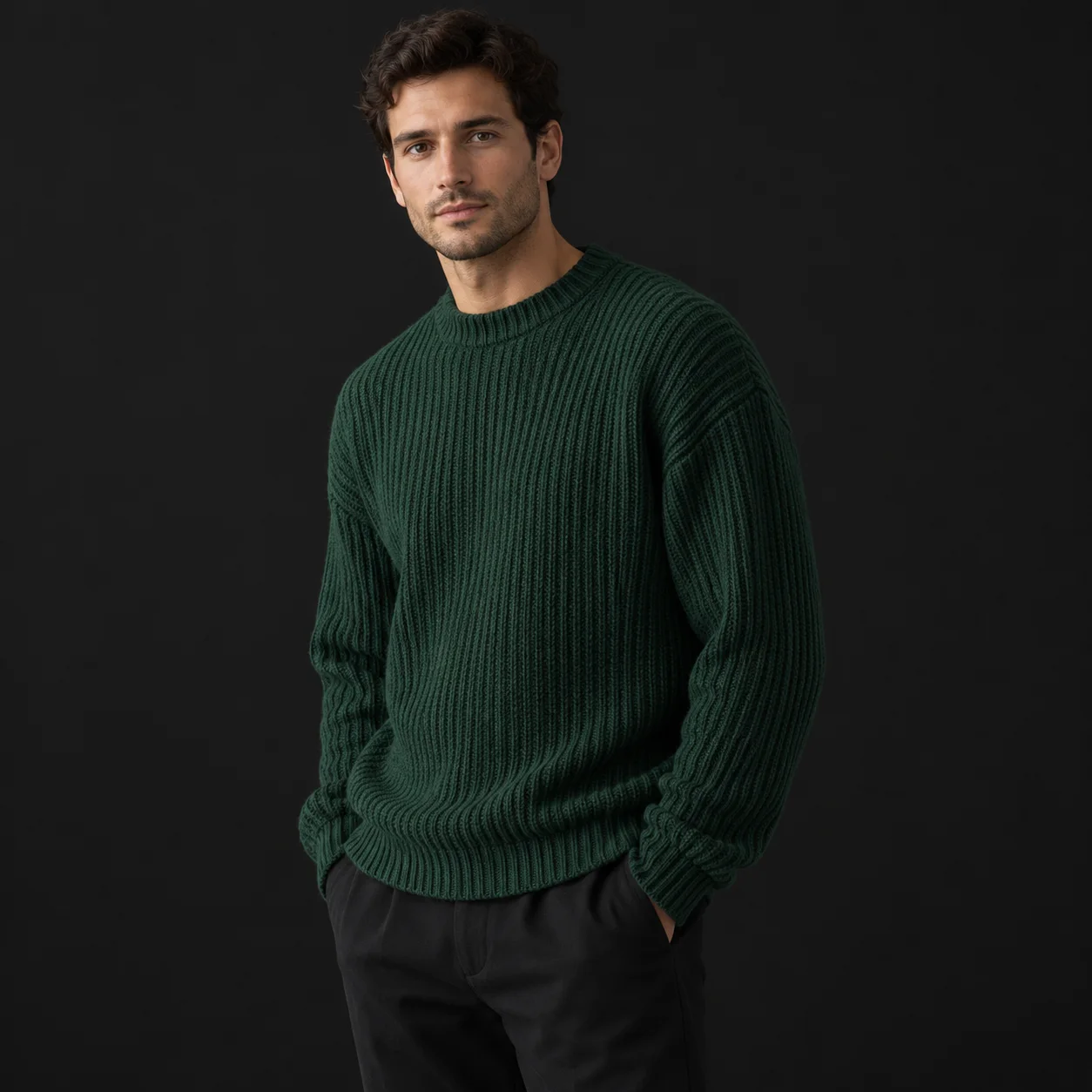 Sweter z wełny merino Fala L / Butelkowa zieleń