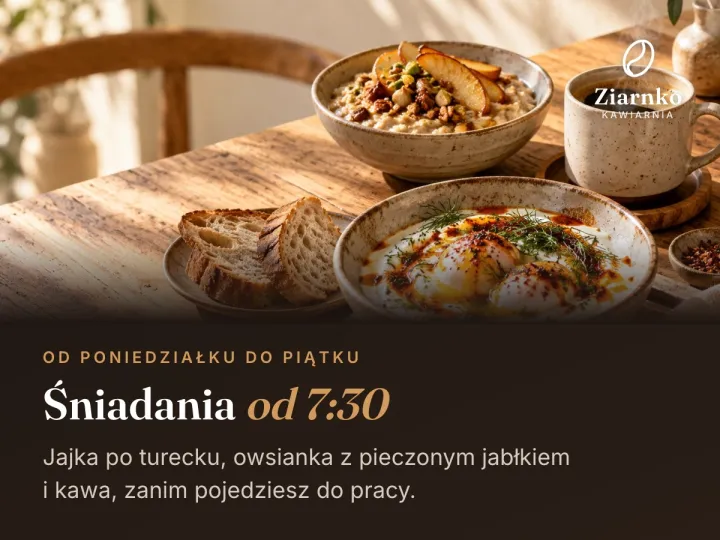 Przykładowa grafika kawiarni: śniadania od 7:30