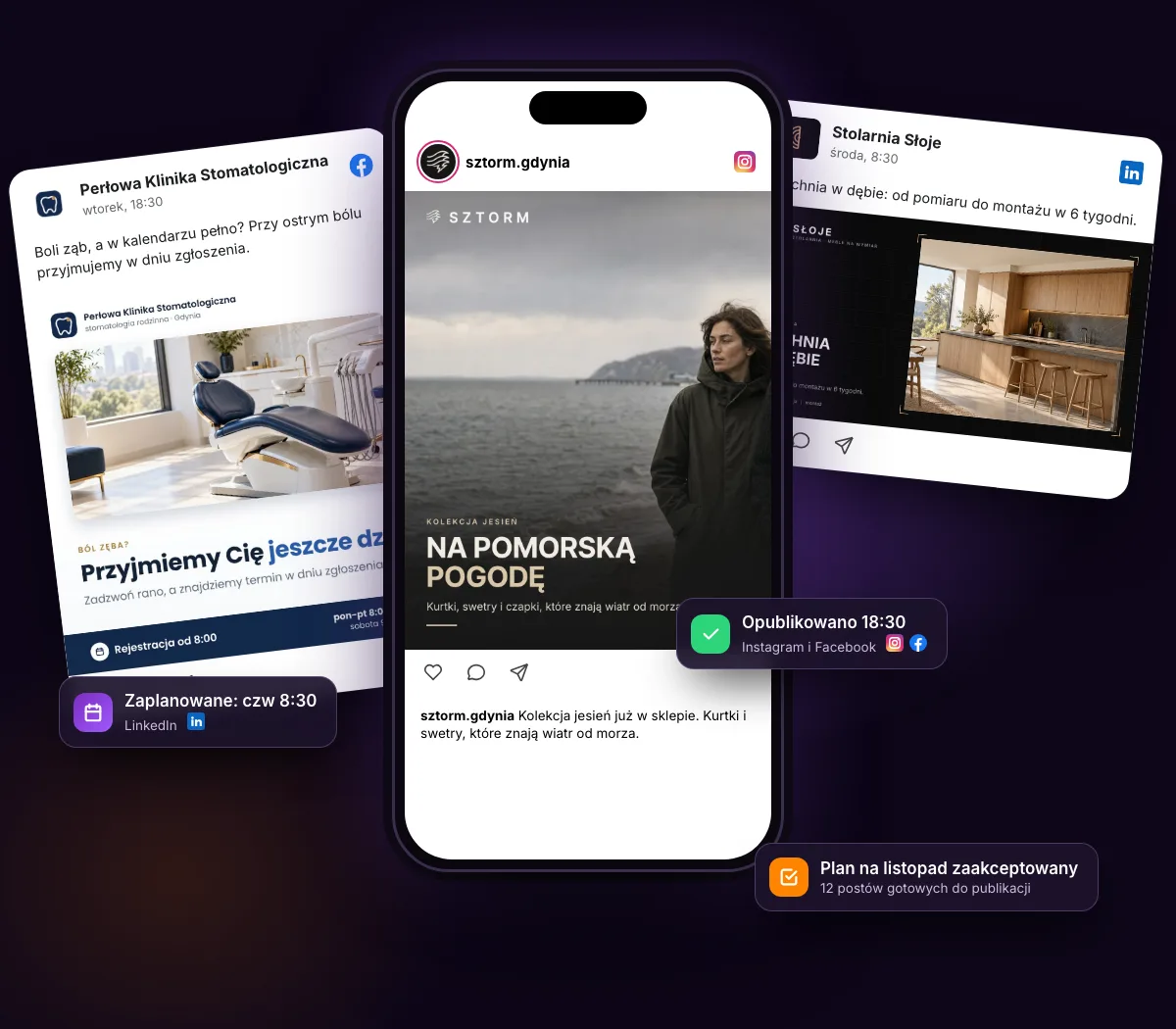 Przykładowe posty na Facebooku, Instagramie i LinkedInie z powiadomieniami o publikacji i zaakceptowanym planie miesiąca