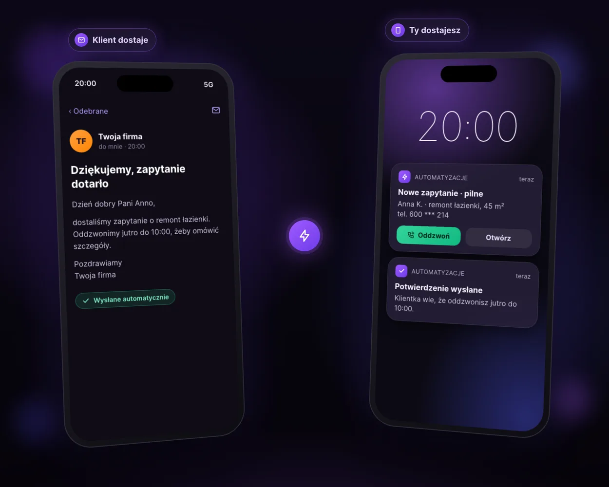 An automation example: the confirmation email the client receives and a notification about a new enquiry on the business owner's phone