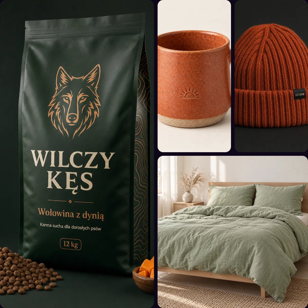 Produkty ze sklepów demo na WebloNeo Shop: karma dla psa, kubek ceramiczny, wełniana czapka i lniana pościel
