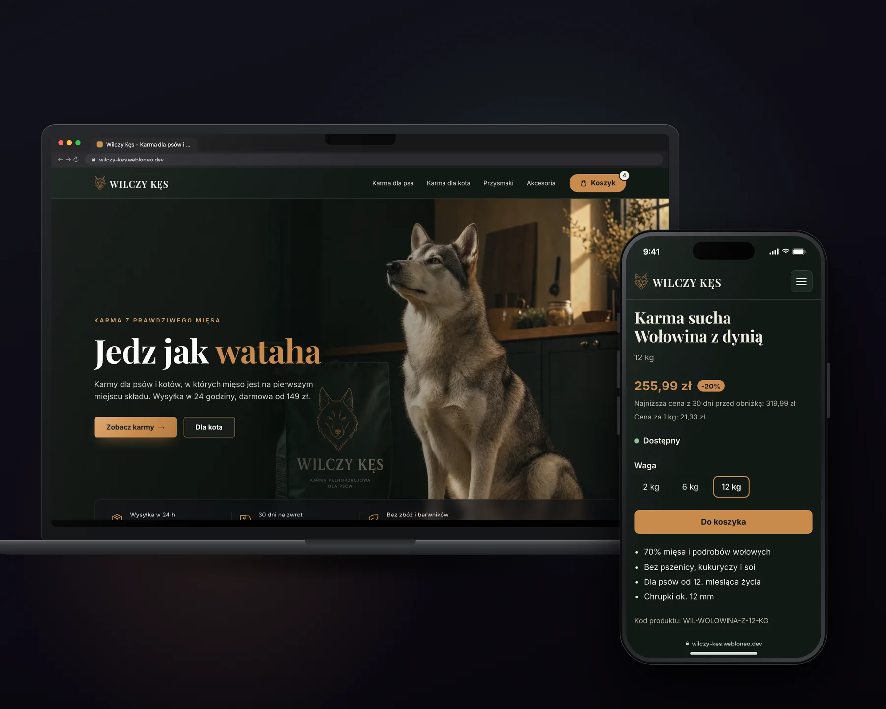 Sklep na WebloNeo Shop na laptopie i telefonie: strona główna sklepu z karmą dla psów i karta produktu z obniżką i najniższą ceną z 30 dni