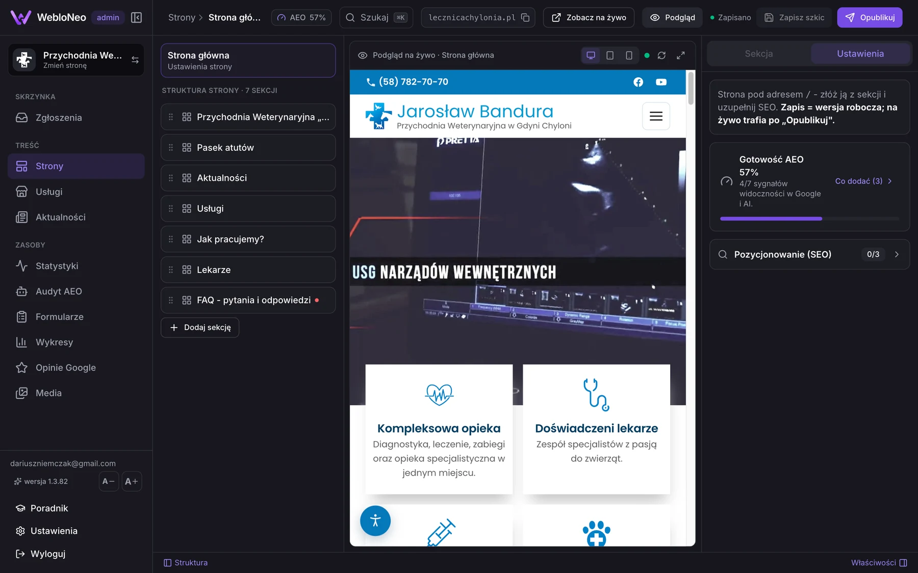 WebloNeo panel: page editor with live preview