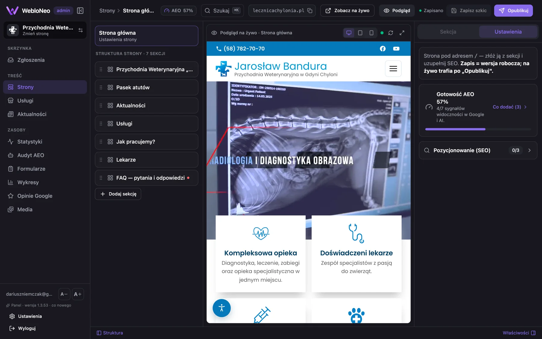 WebloNeo panel: page editor with live preview