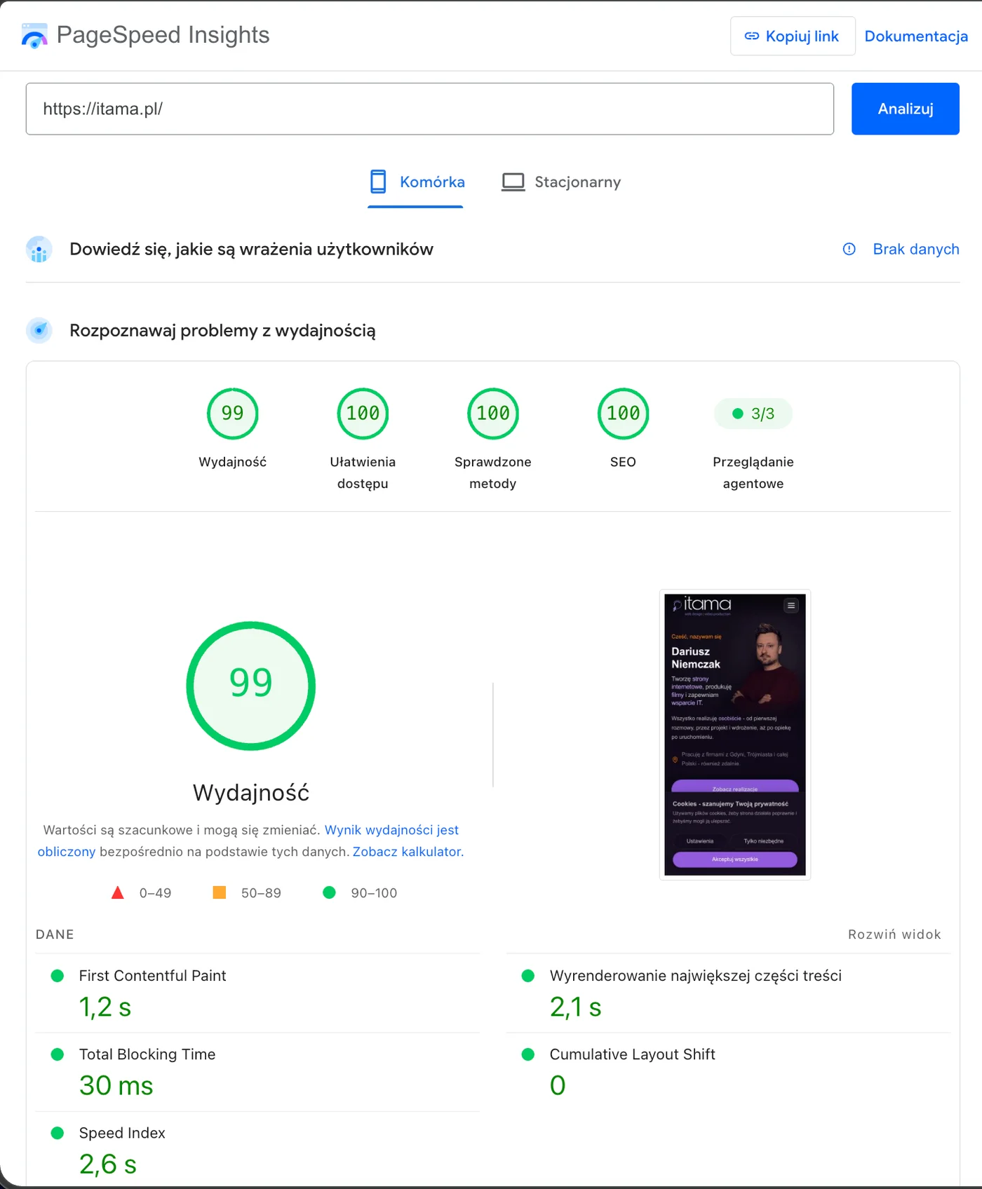 PageSpeed Insights result for itama.pl: performance 99, accessibility 100, best practices 100, SEO 100, a full 3/3 in agentic browsing.