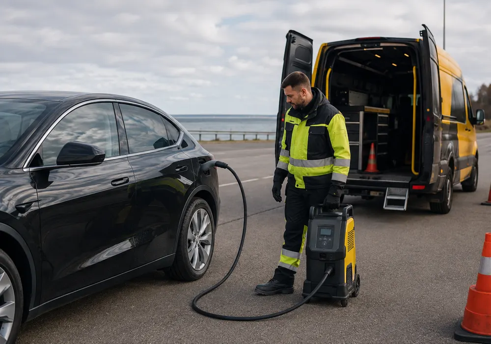 Samochód elektryczny podłączony do zasilania przy pomocy drogowej