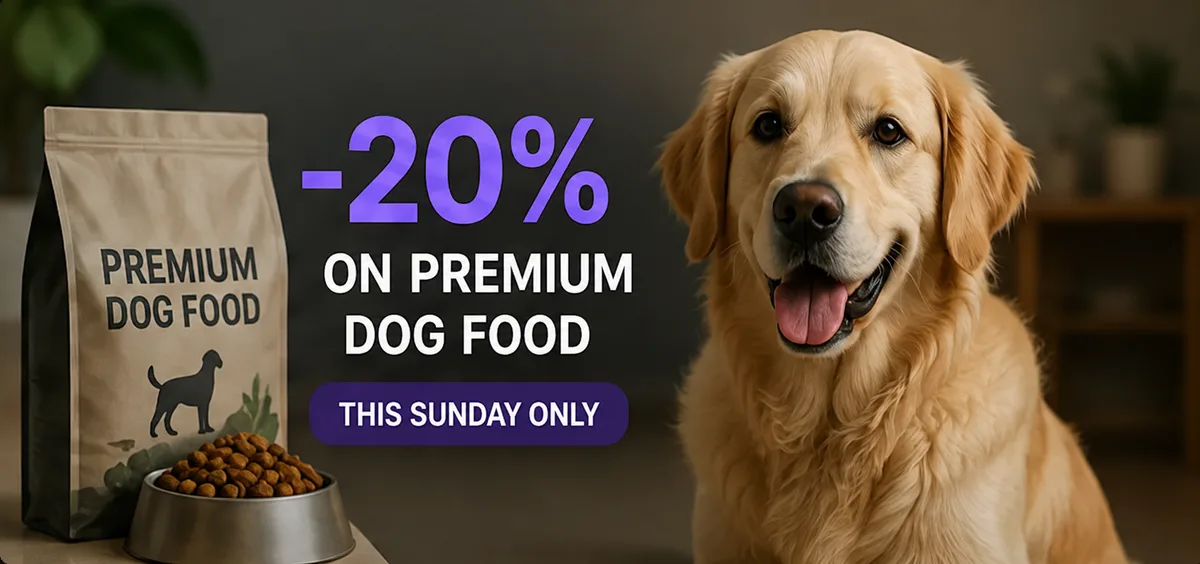 Ad post: -20% on premium dog food, golden retriever
